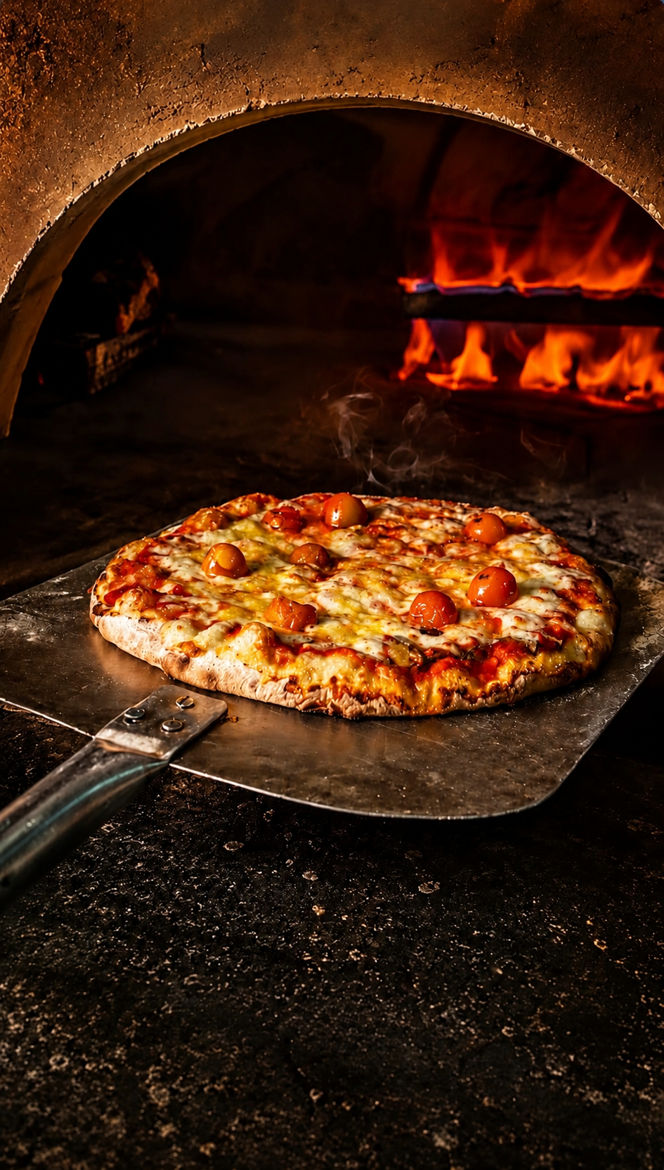 Pizza coming out of TAB's oven